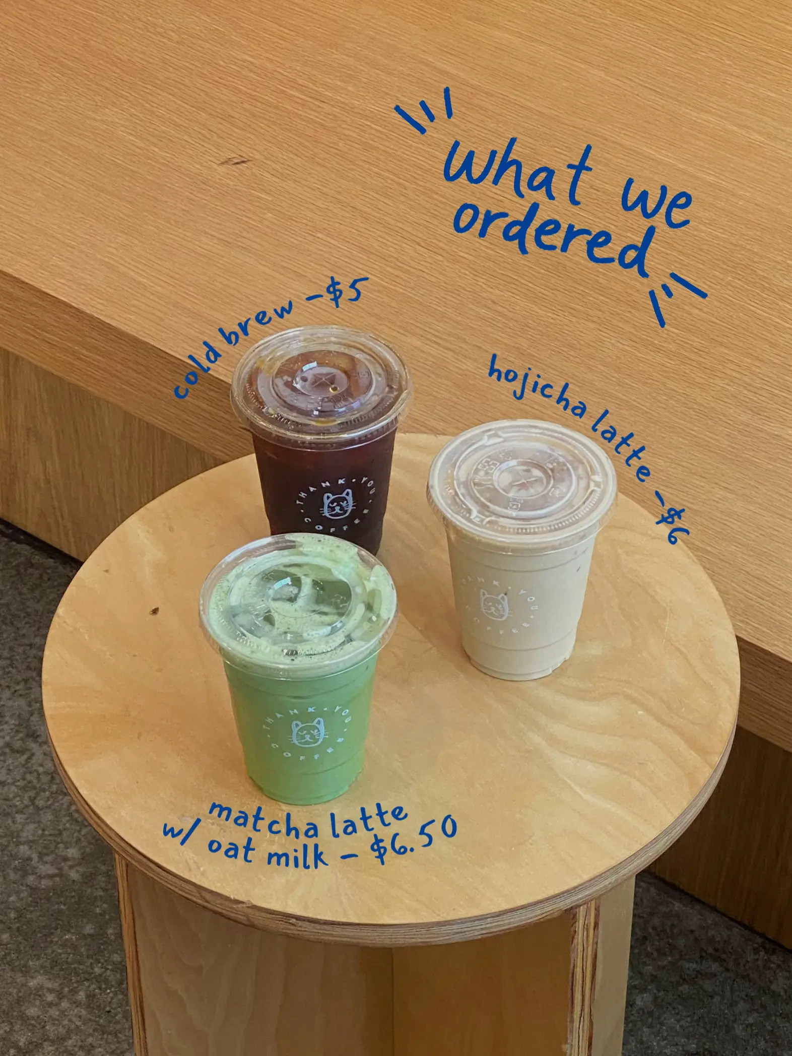  Four cups of tea with different flavors, including a matcha latte.