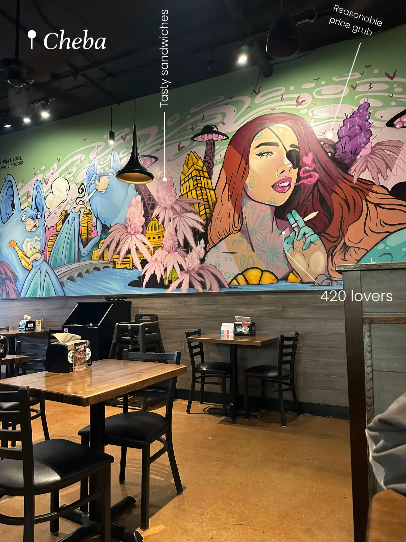  A restaurant with a large mural on the wall and a menu that says "Reasonable price grub".