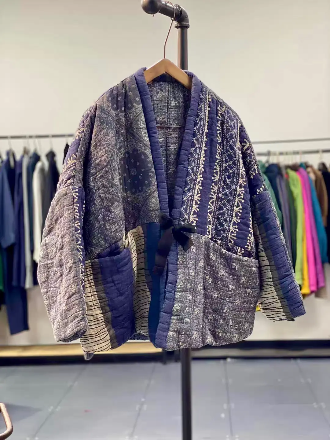柿渋染めオーダー品 ハンドメイド パッチワークコートワンピースネック 