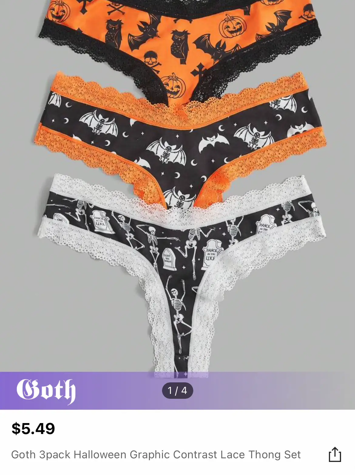 ROMWE Goth 3pack Halloween Graphic Contrast Lace Thong Set