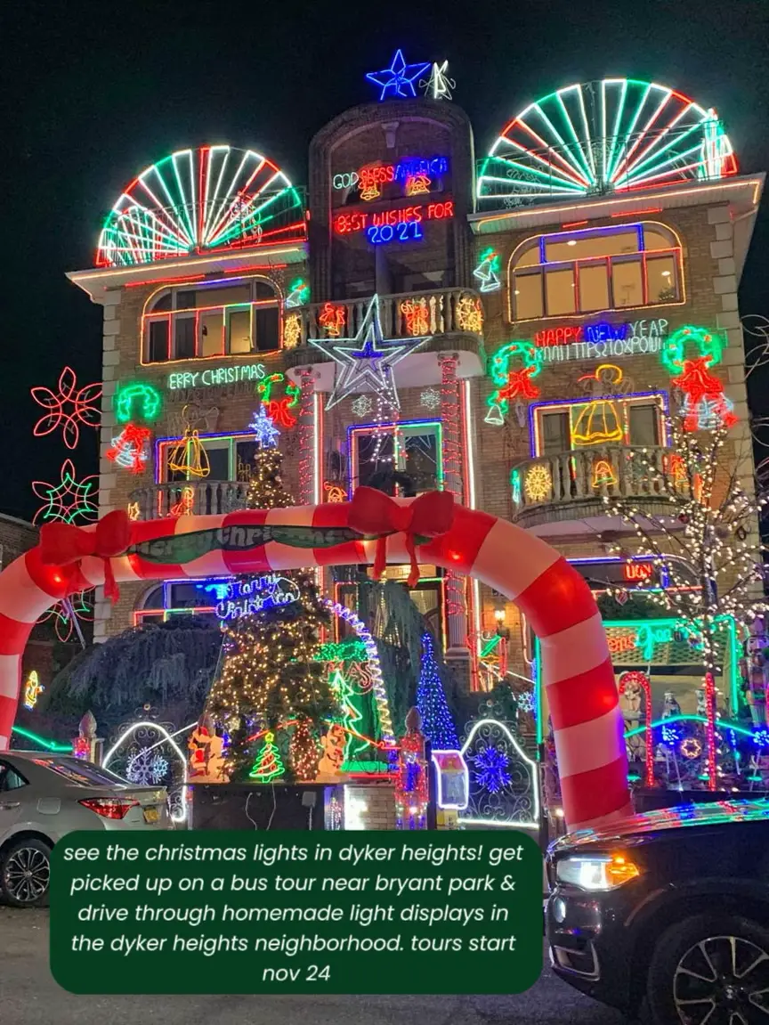  A neighborhood with Christmas lights and a bus tour