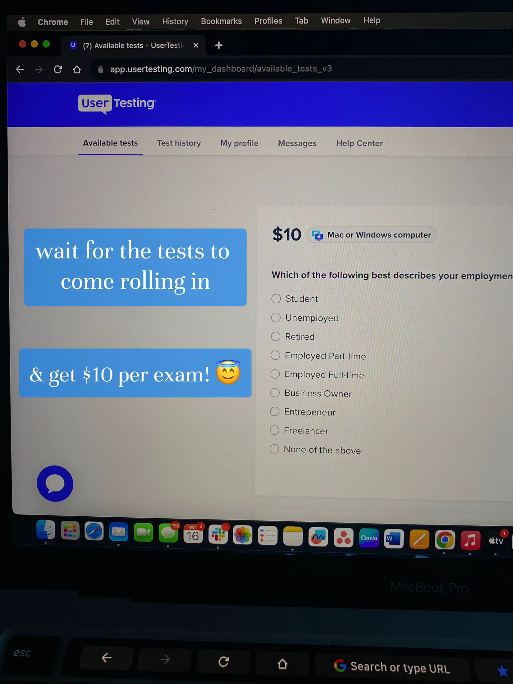  A laptop screen with a test