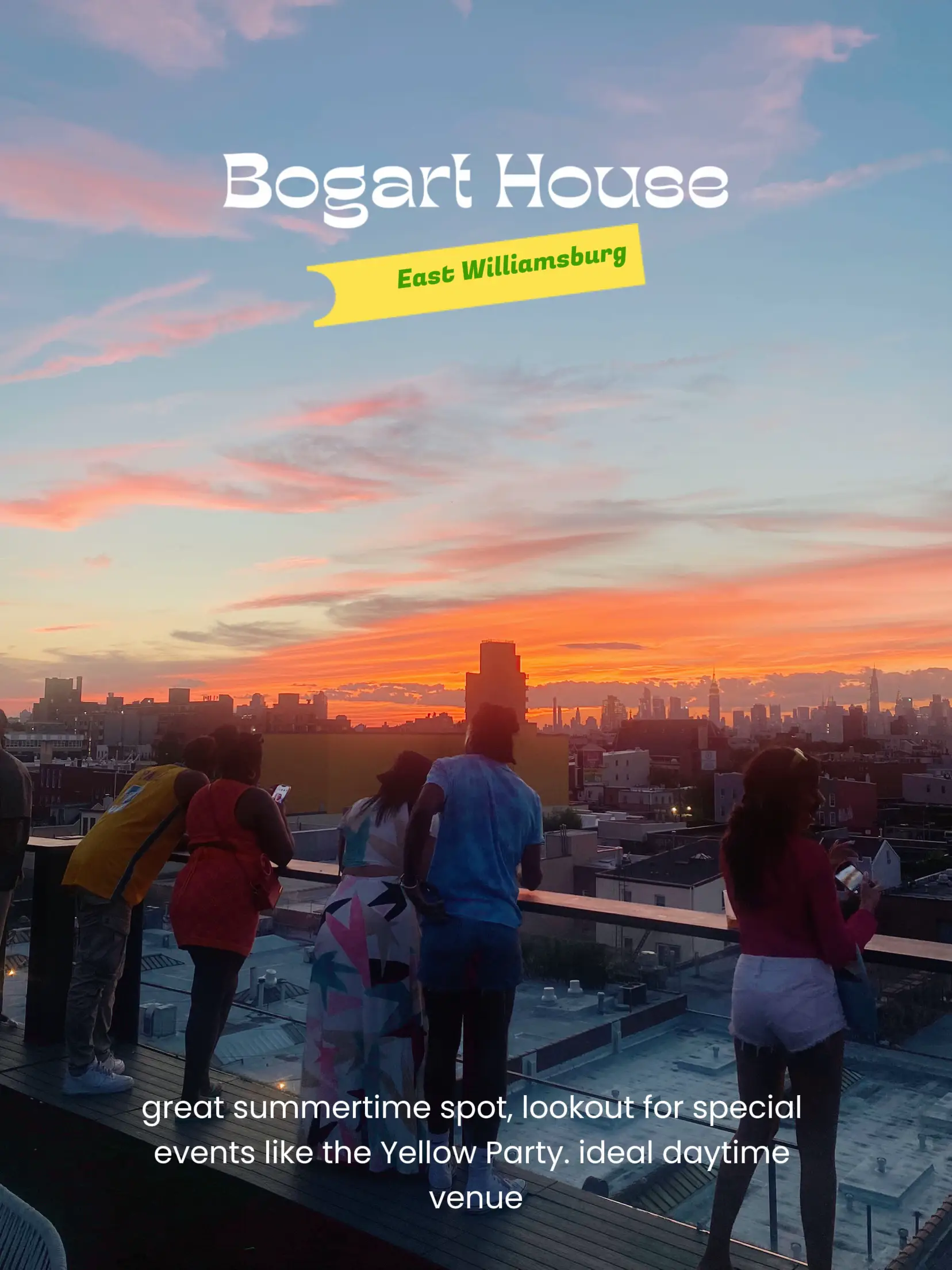  A group of people are standing on a rooftop at Bogart House East Williamsburg.