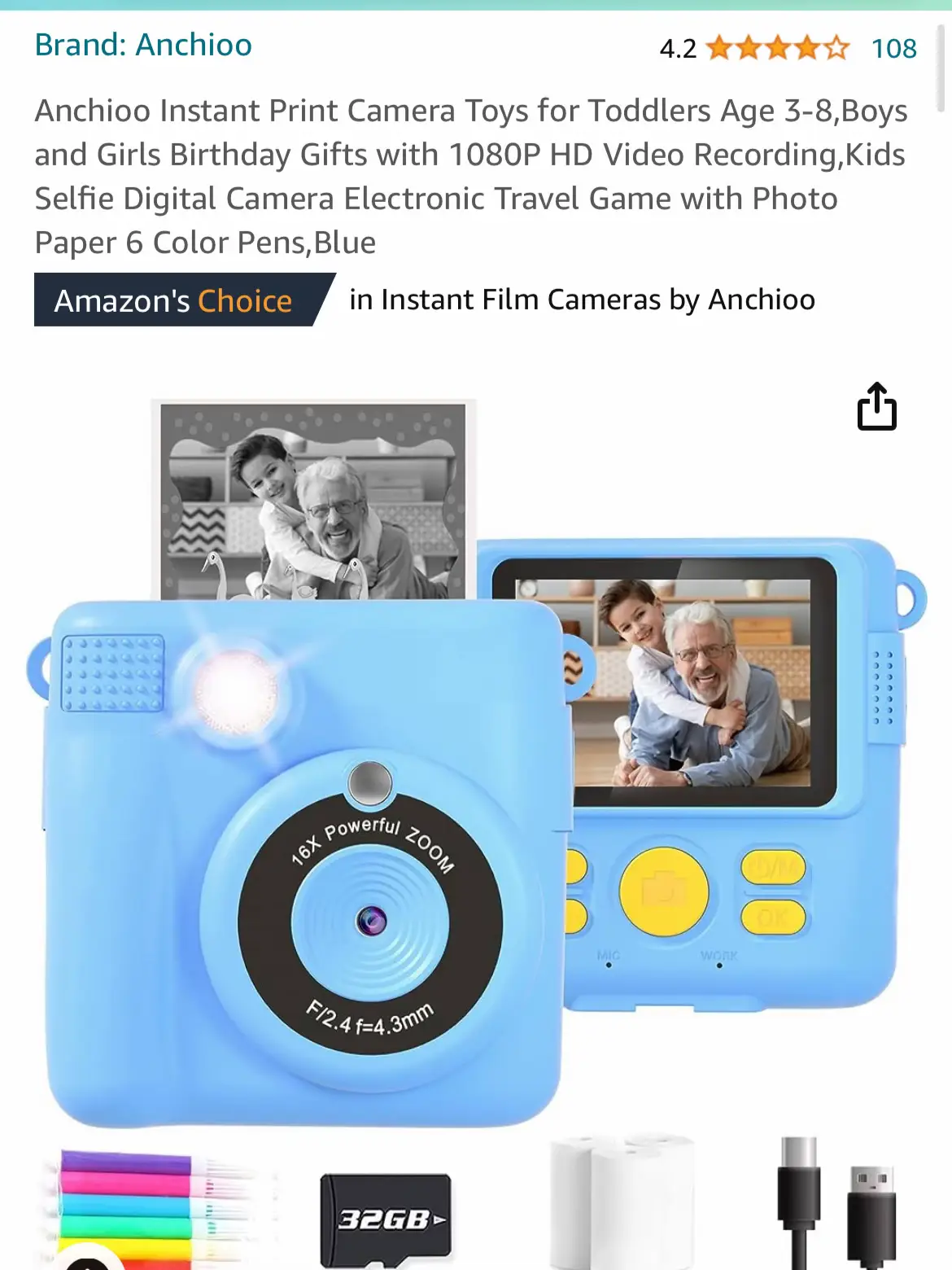  Anchioo Kids Camera Instant Print, 1080P Kids Digital