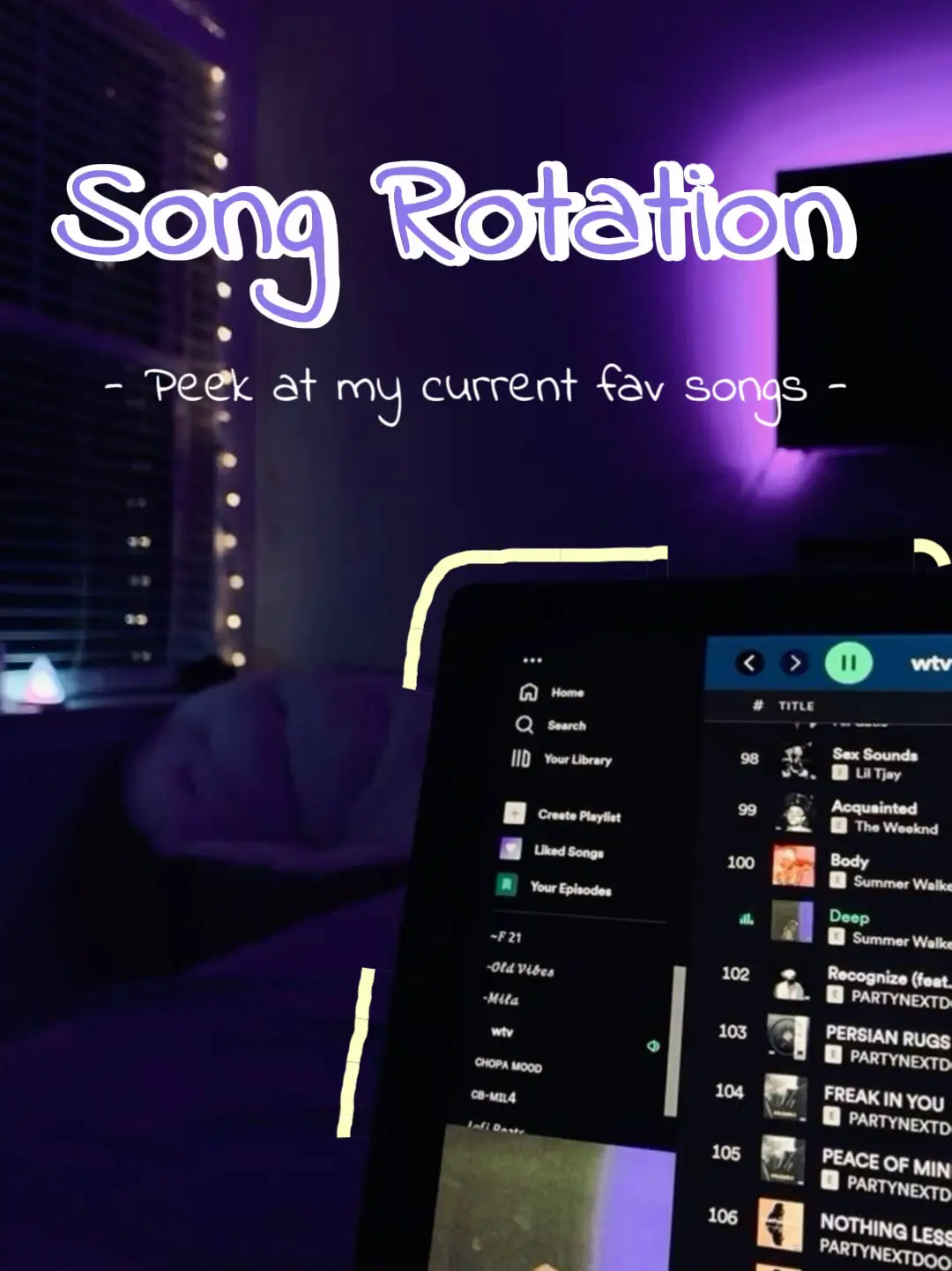  A laptop screen with a song rotation