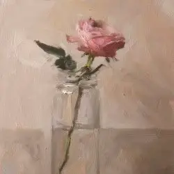  A painting of a vase with a rose in it.