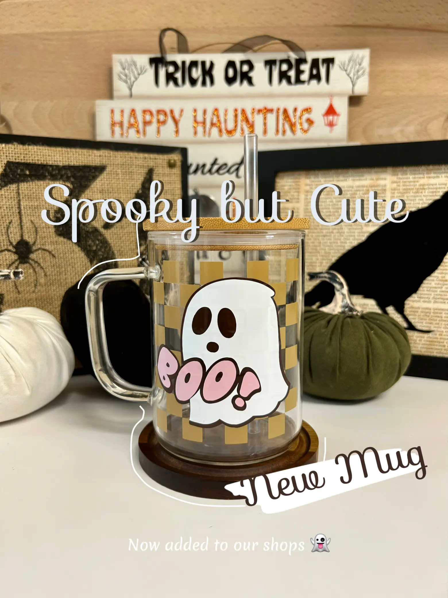 Halloween Ghost Themed Glass Cup With Bamboo Lid Glass Straw - Temu