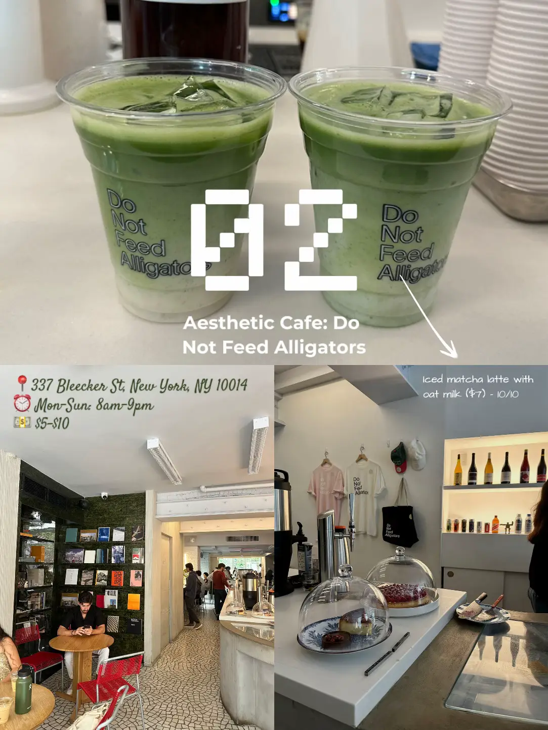  A collage of photos of a cafe with a iced matcha latte and oat milk.