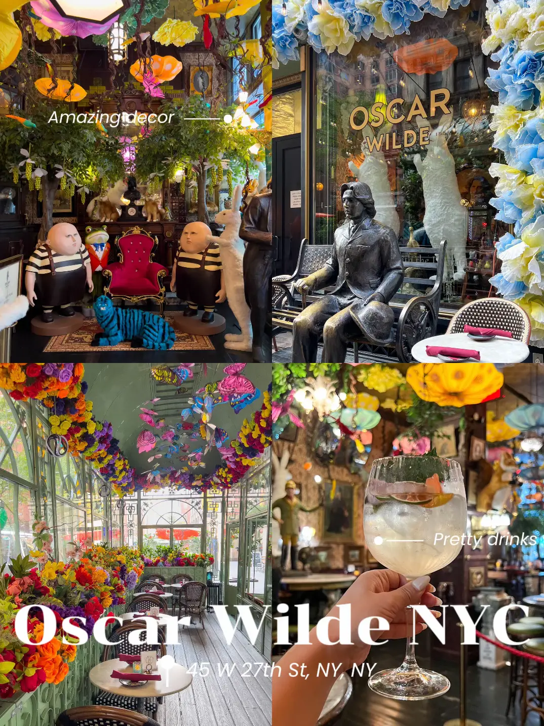  A collage of photos of people in a bar with a sign that says Oscar Wilde New York.