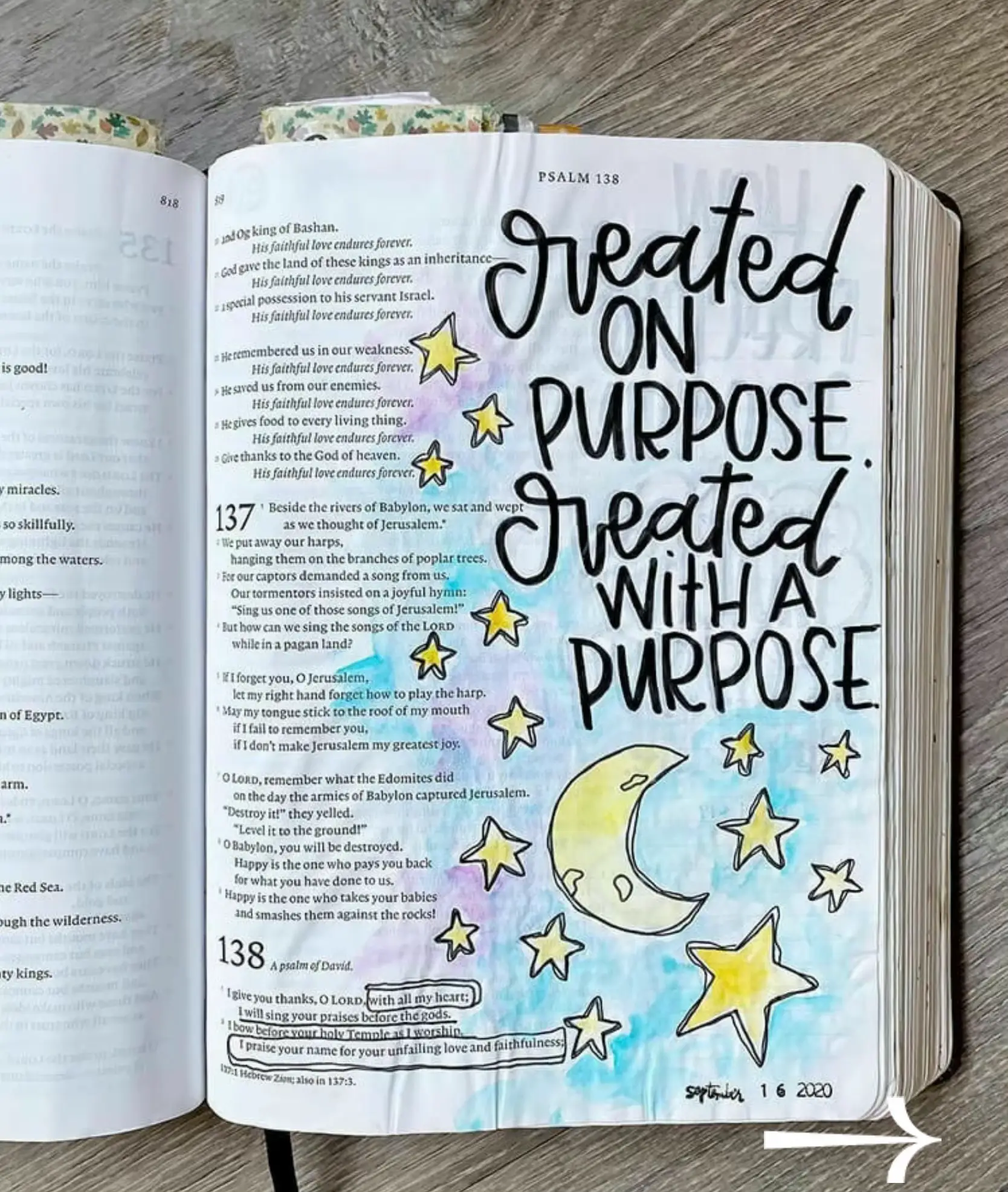 A book with a page of verse about purpose with a moon on the cover.