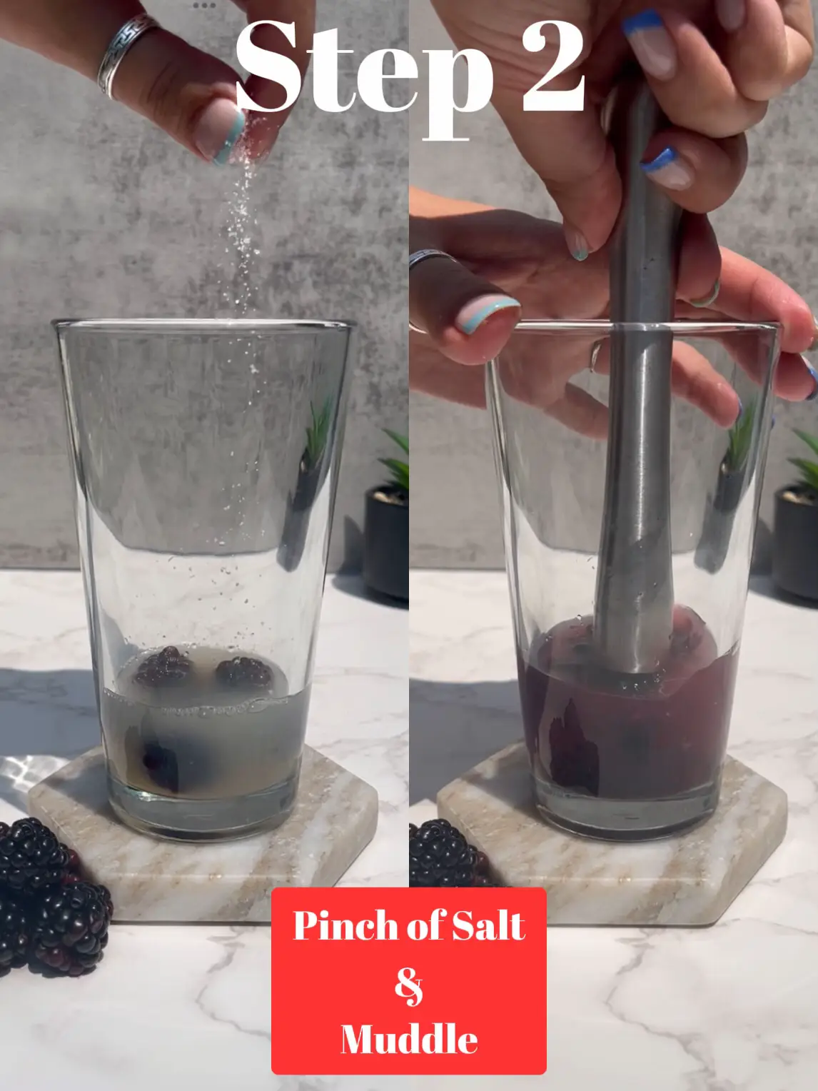  A person is holding a salt shaker and adding salt to a glass of juice.