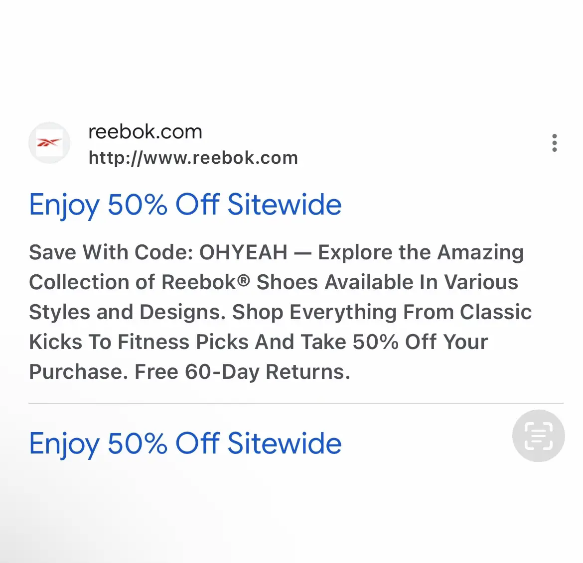 Reebok 50 2025 off code