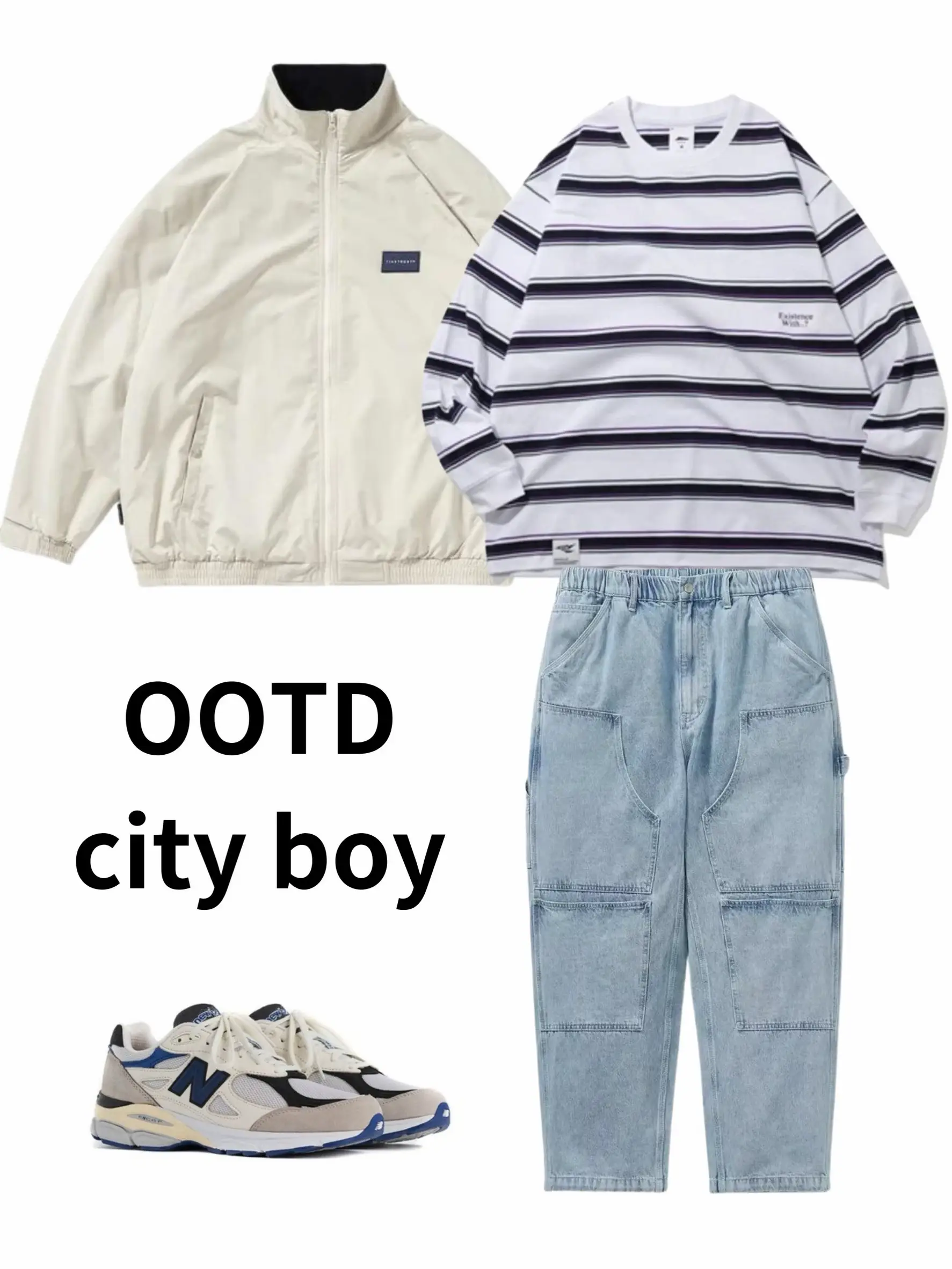 c-boy style シティボーイ コーデ売り 総柄ニット×ネイビーチノパン-