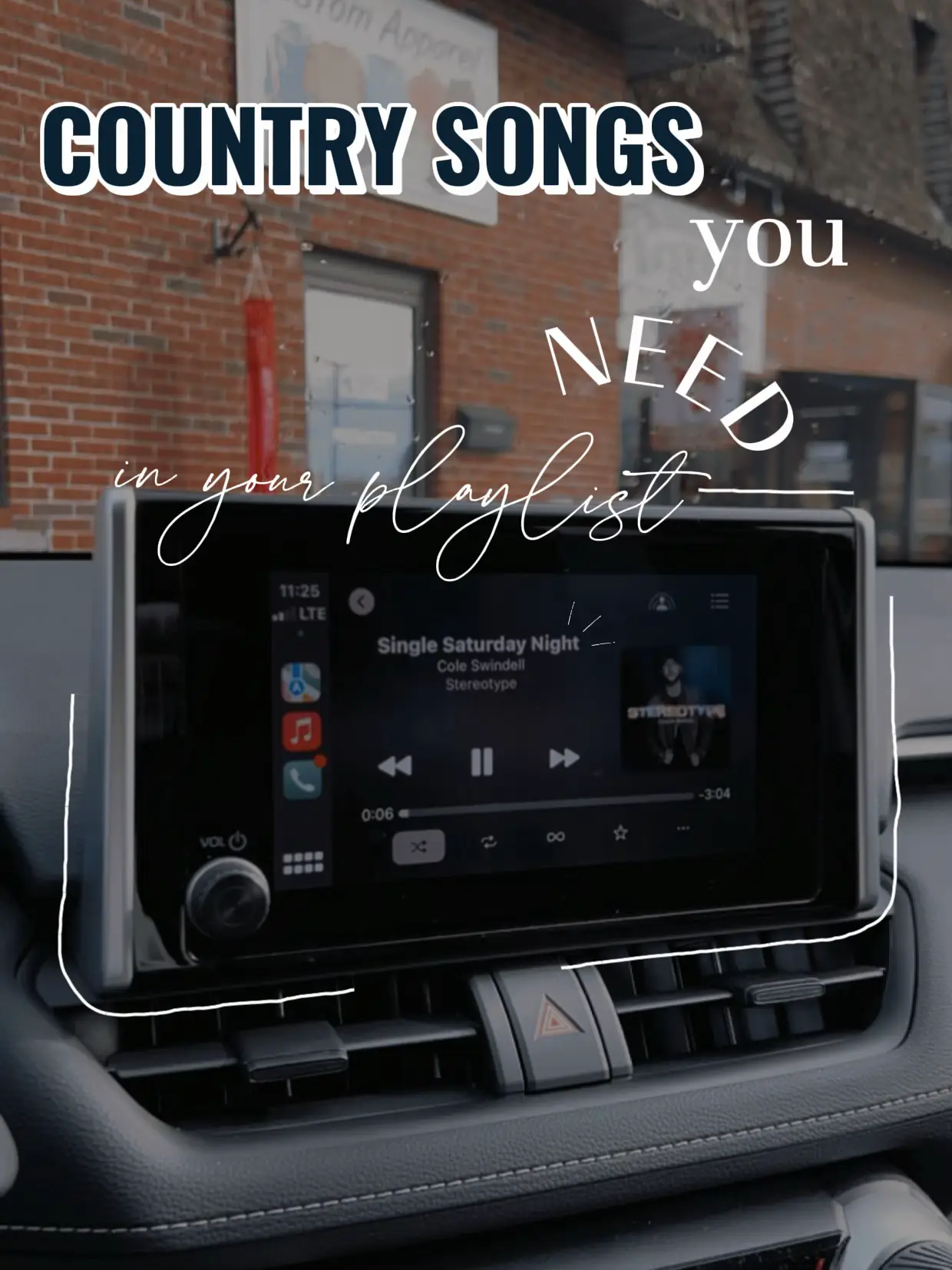  A car's dashboard with a playlist of country songs.