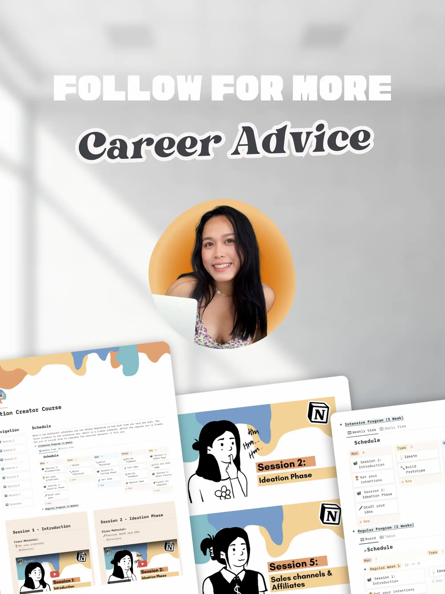 , A woman is smiling and posing for a picture. She is standing in front of a board with a schedule and a sign that says "Follow for more career advice".
