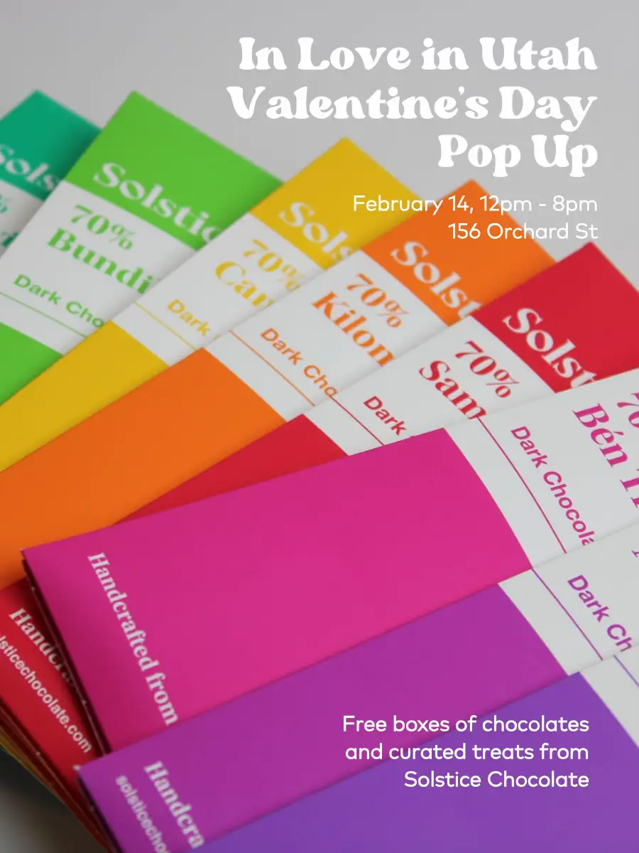  A collection of colorful cards with the words "In Love in Utah Valentine's Day Pop Up" on top.