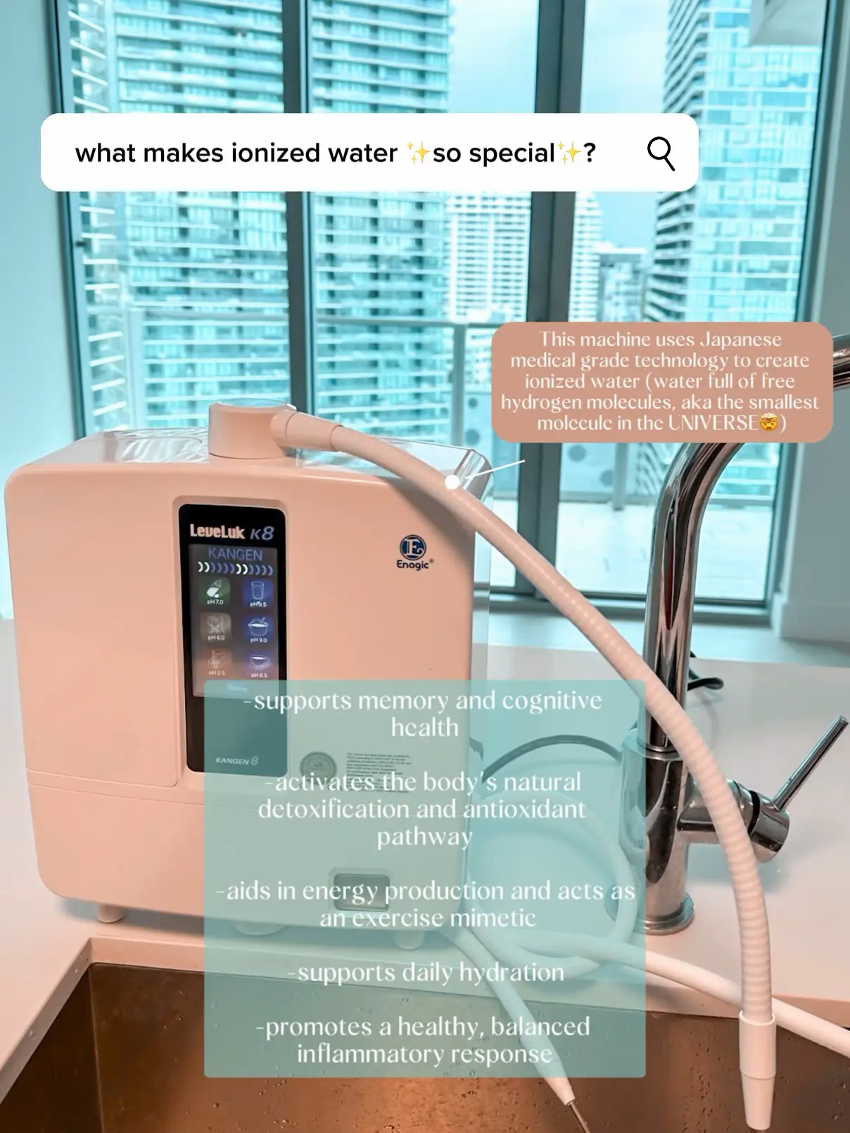  A machine that creates ionized water and has a positive impact on mental and physical health.