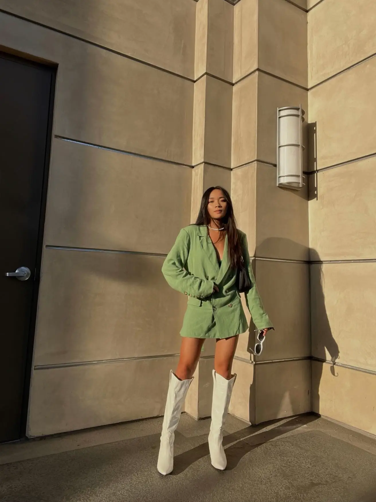 Green thigh cheap high boots outfit