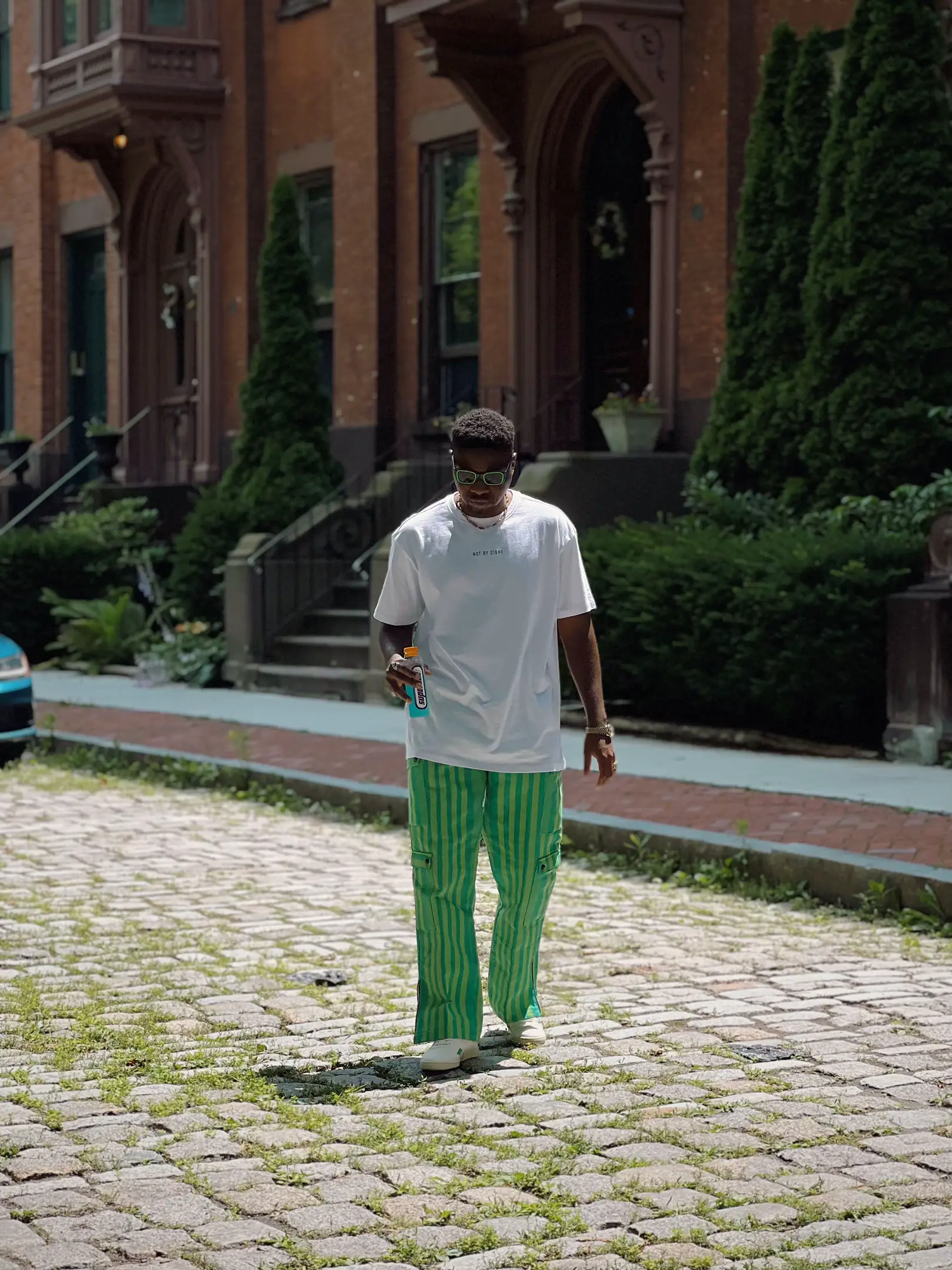 Green striped sale pants outfit