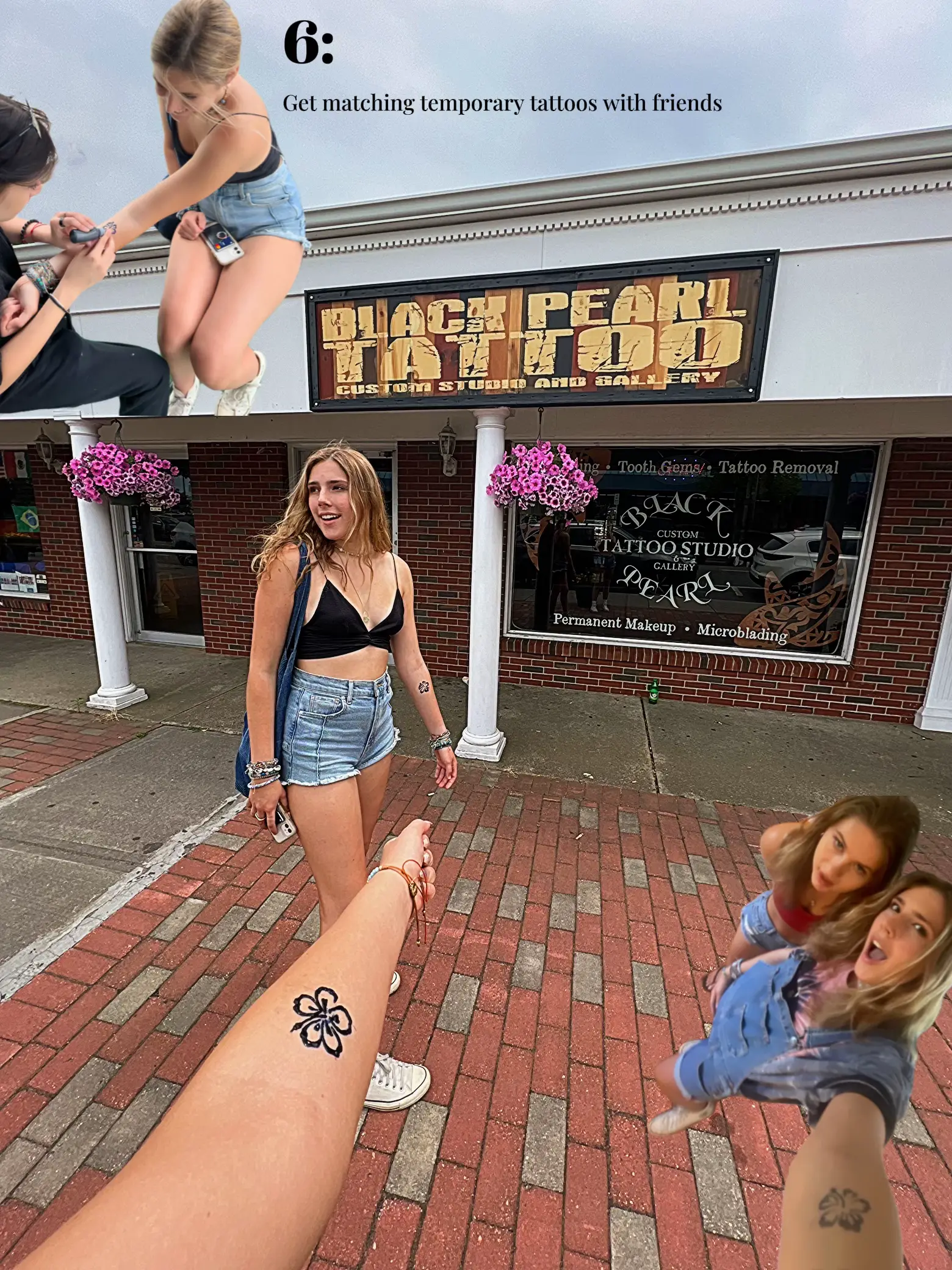  A group of women are taking a selfie in front of a salon.