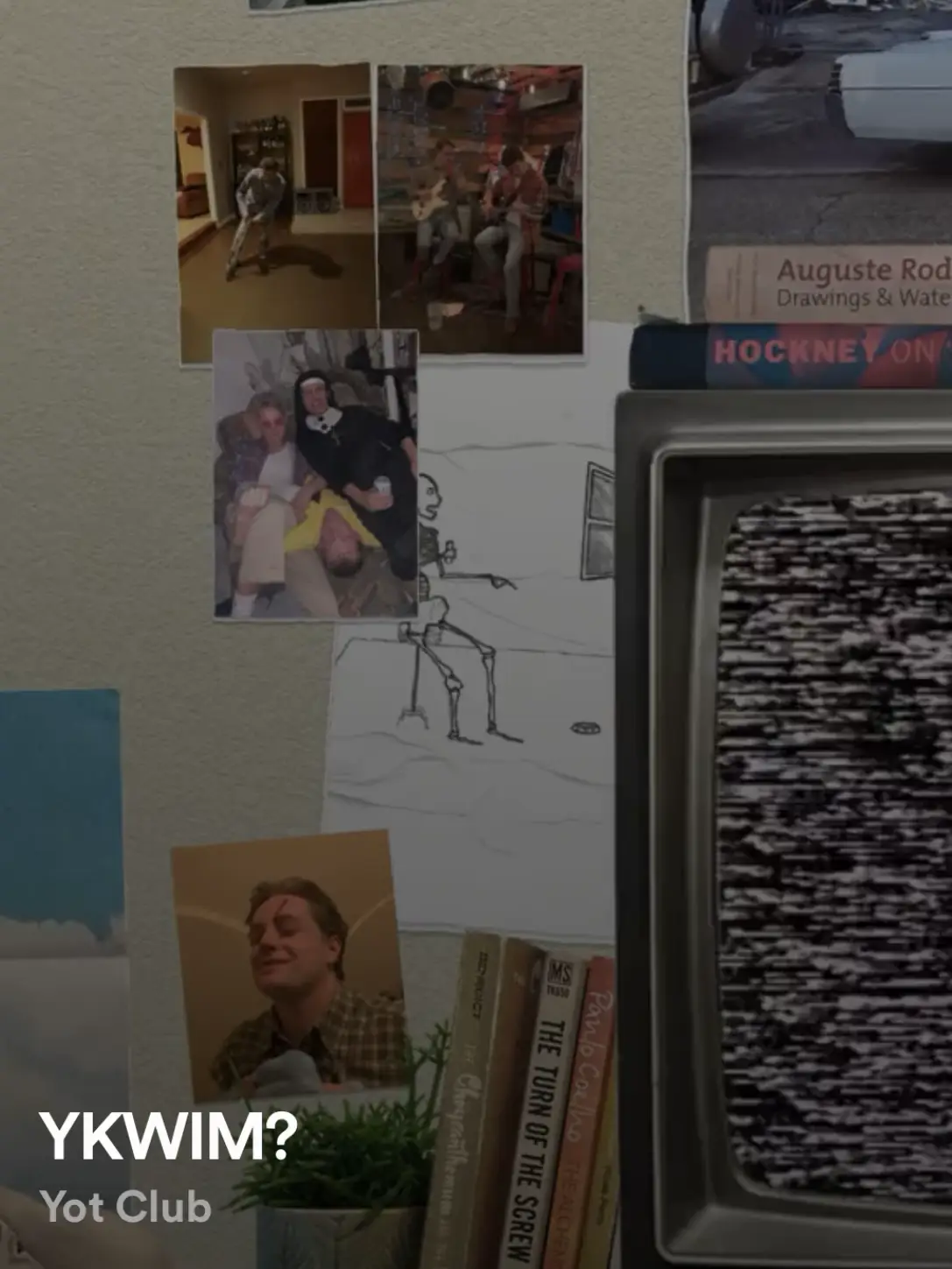  A collage of photos and drawings of a man with a television.