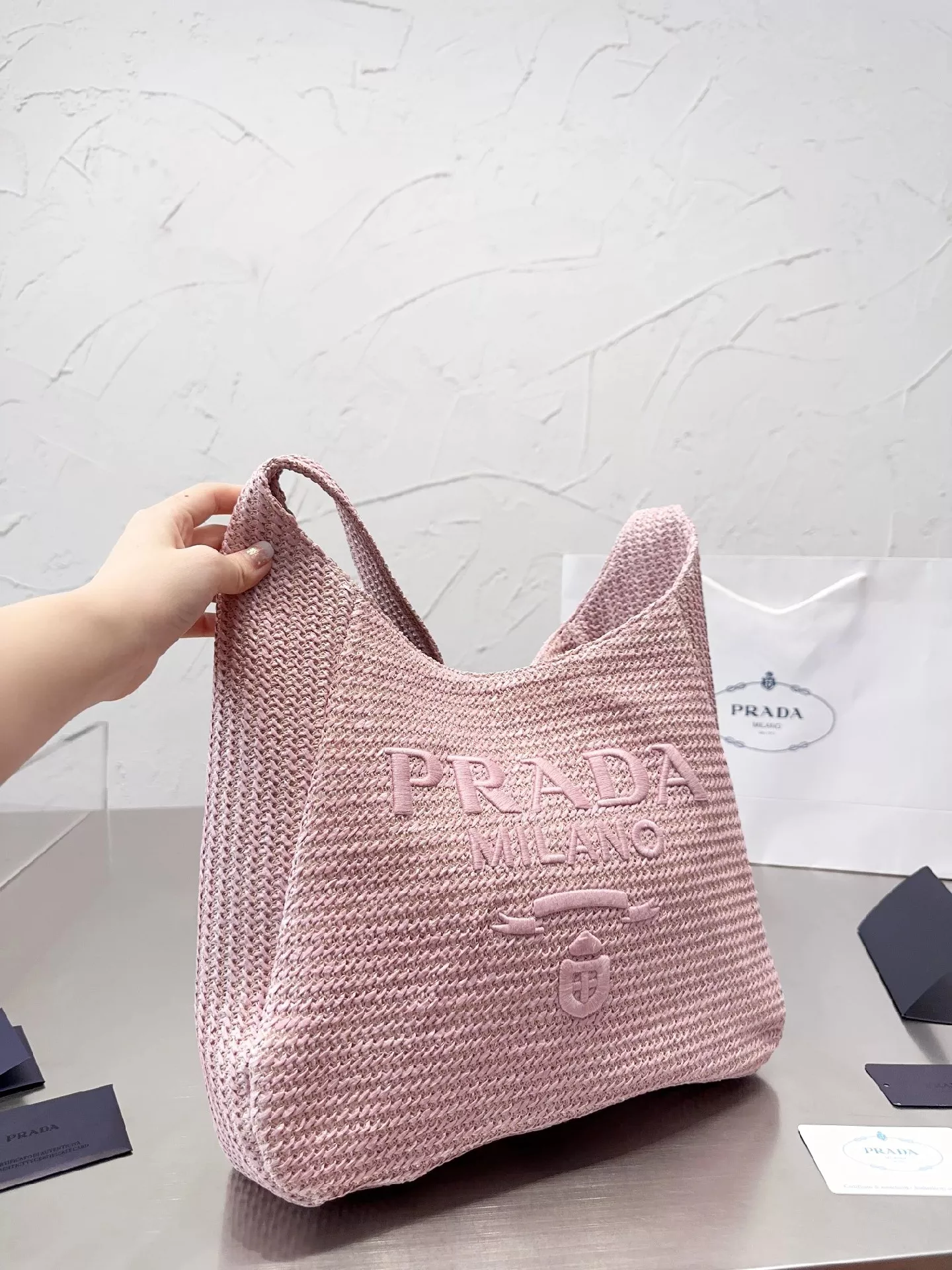 直営店買付☆PRADA☆ストライプ ラフィア トートバッグ SMALL