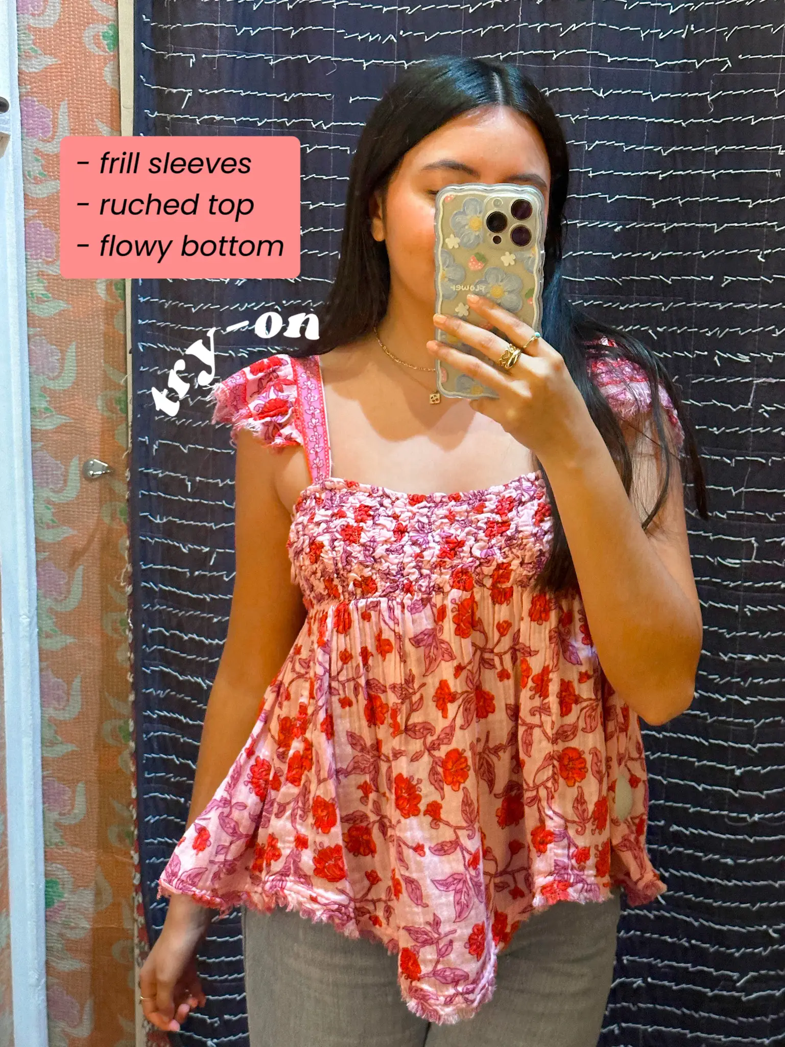 Denim skirt with free people off shoulder floral top #ShopStyle
