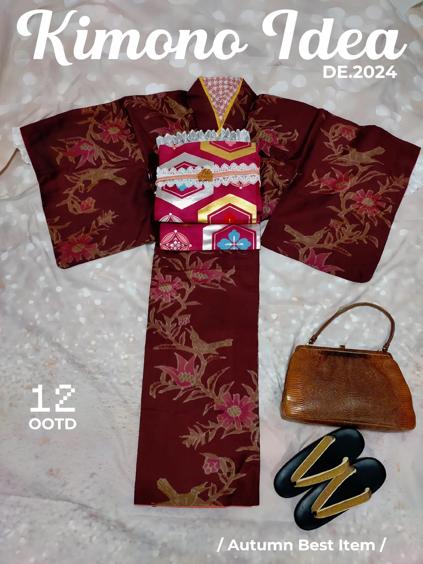 洒落袋帯】 紬地 赤色×茶色 花柄 シンプル ポイント柄 かわいい