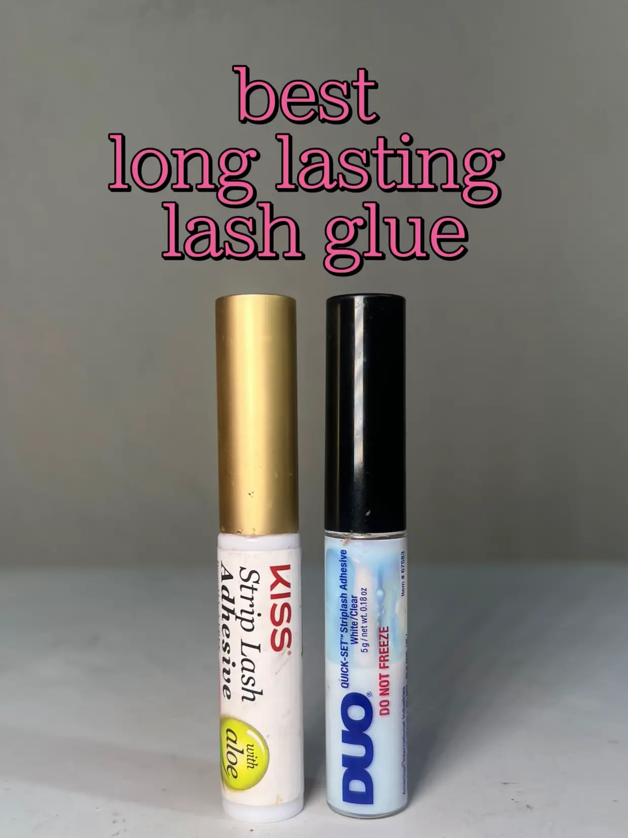  Two bottles of best long lasting lash glue are displayed on a white background.