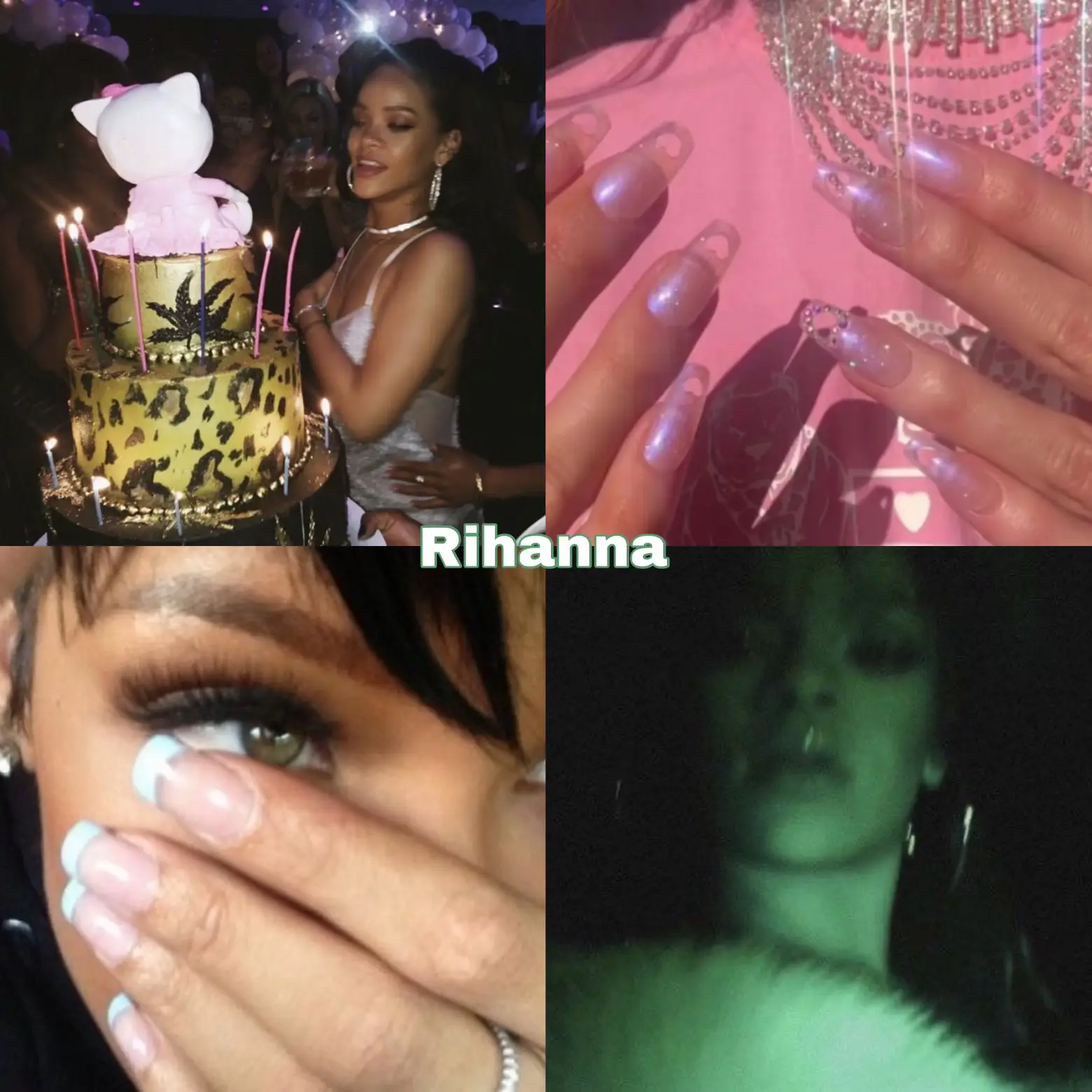  A collage of photos of Rihanna.