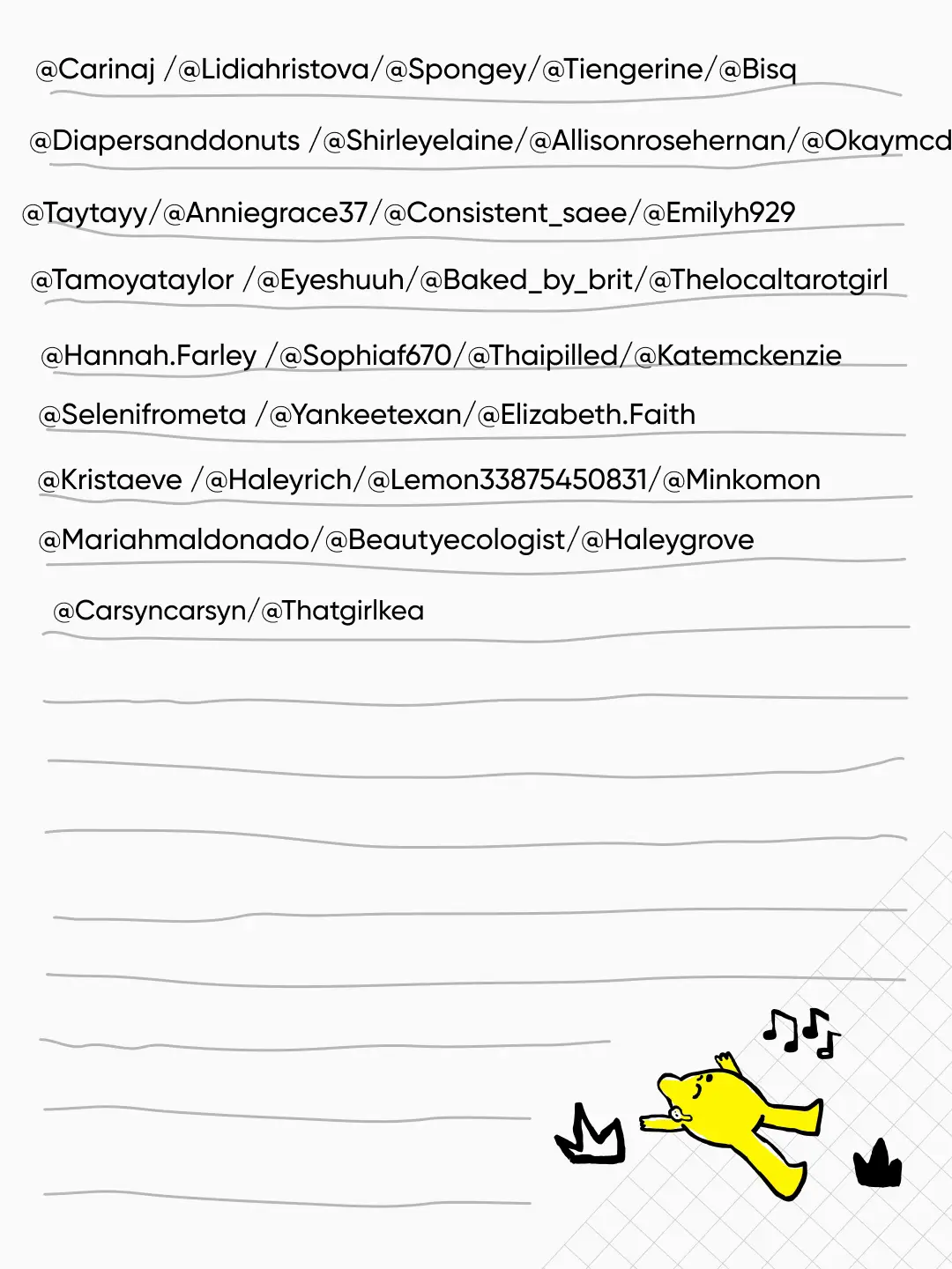  A list of people with their corresponding hash tags.