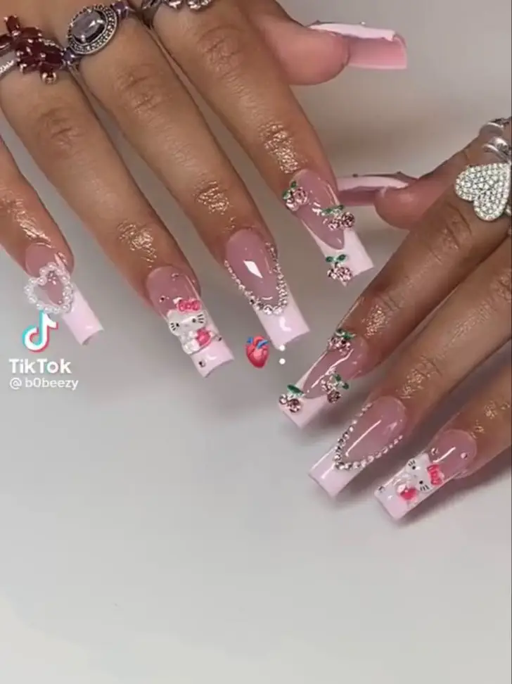 almond hello kitty nails with charms｜TikTok Search