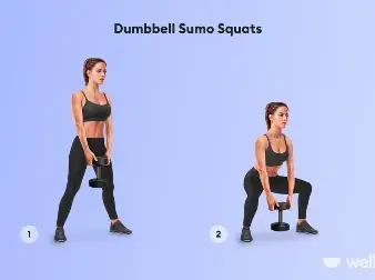  A woman is doing dumbbell sumo squats on a machine.