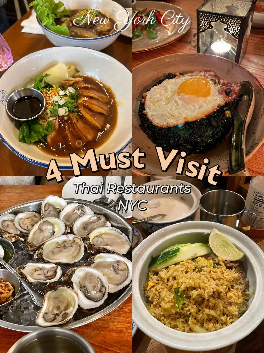  A collage of pictures of food from 4 different Thai restaurants in New York City.