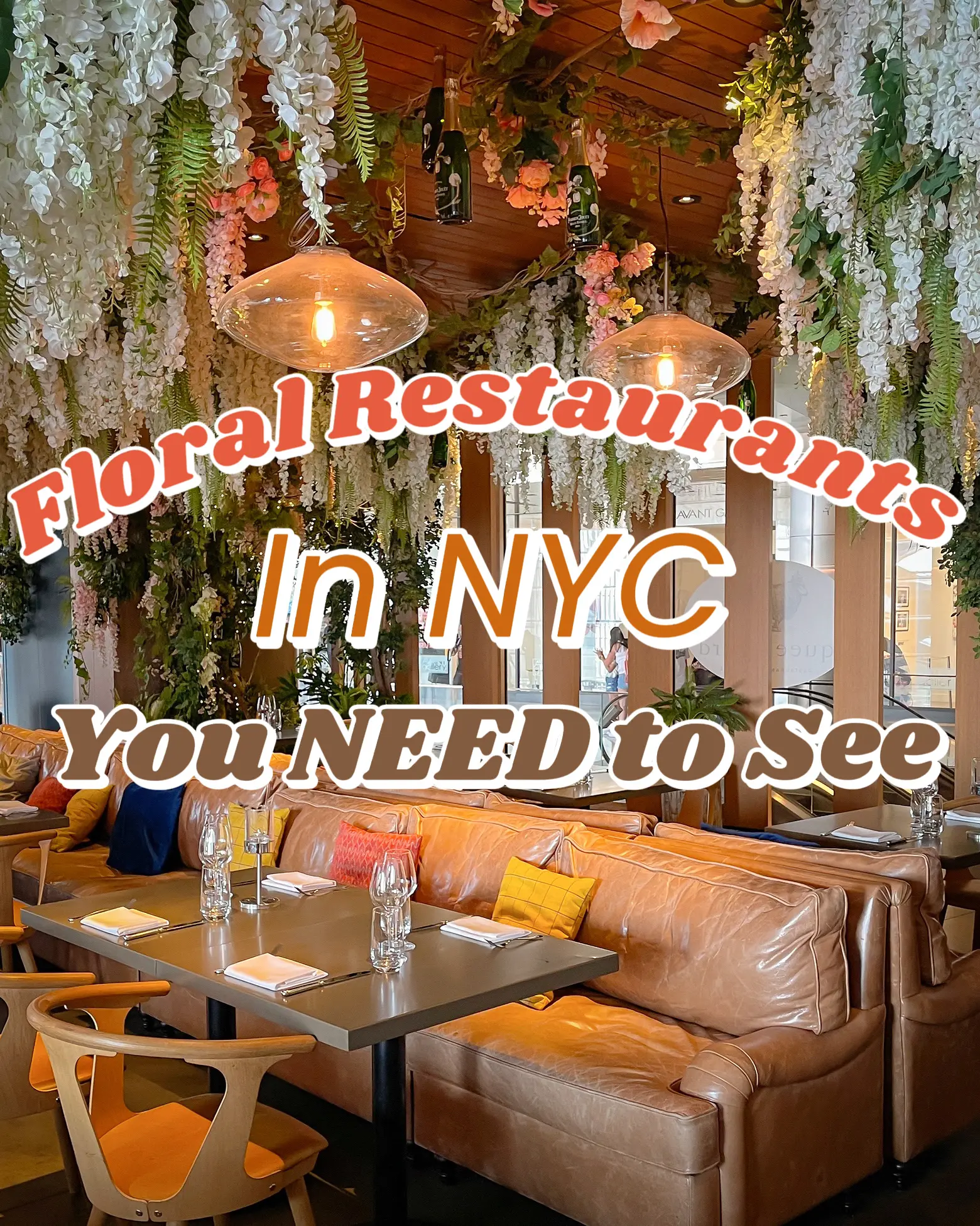  A restaurant with a floral theme and a NYC logo.