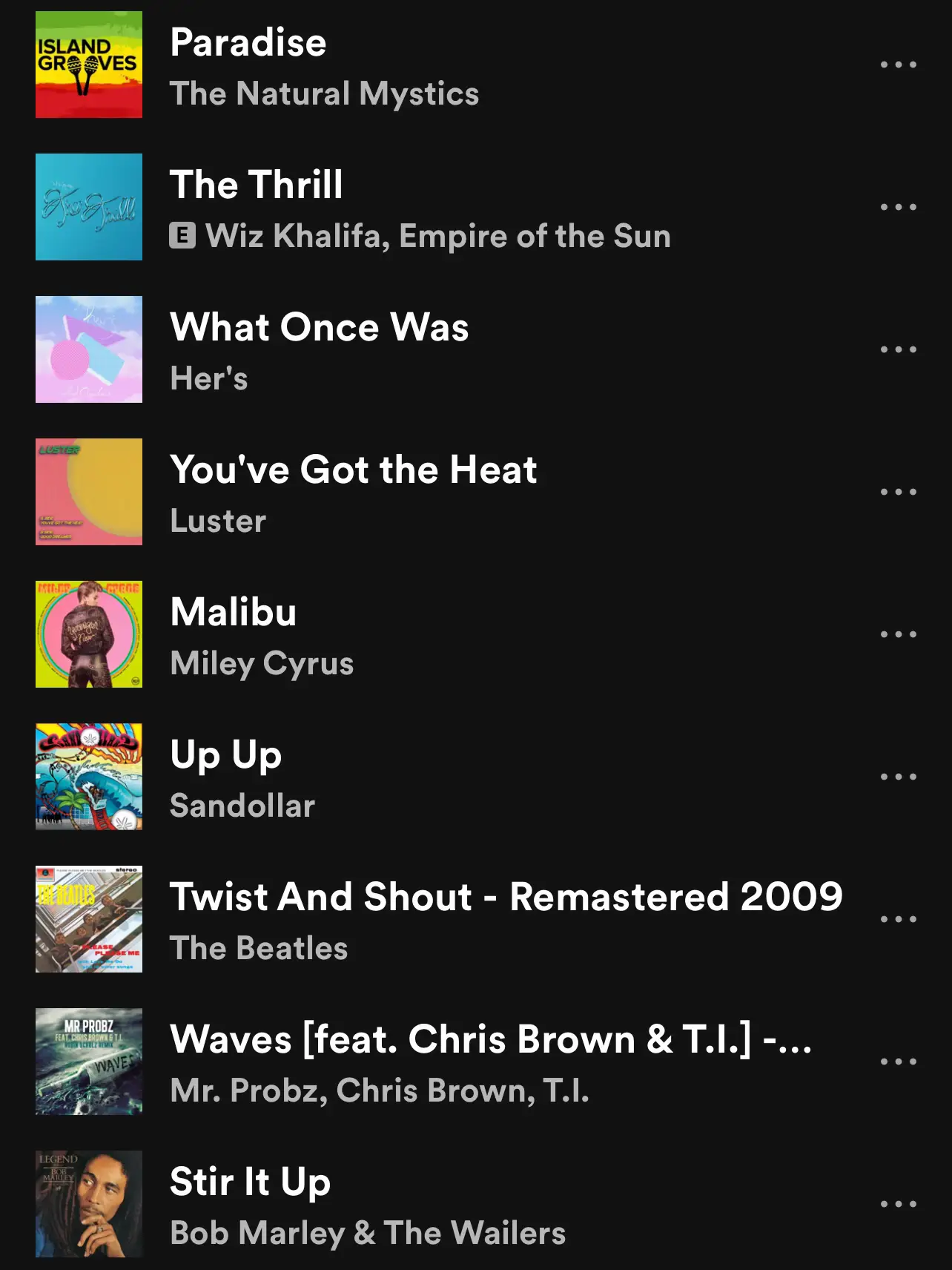  A list of songs with a color background.