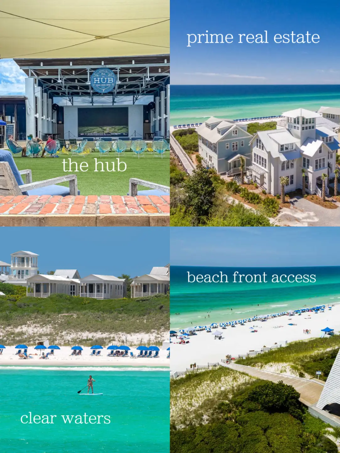  A collage of four pictures of a beachfront with clear waters.