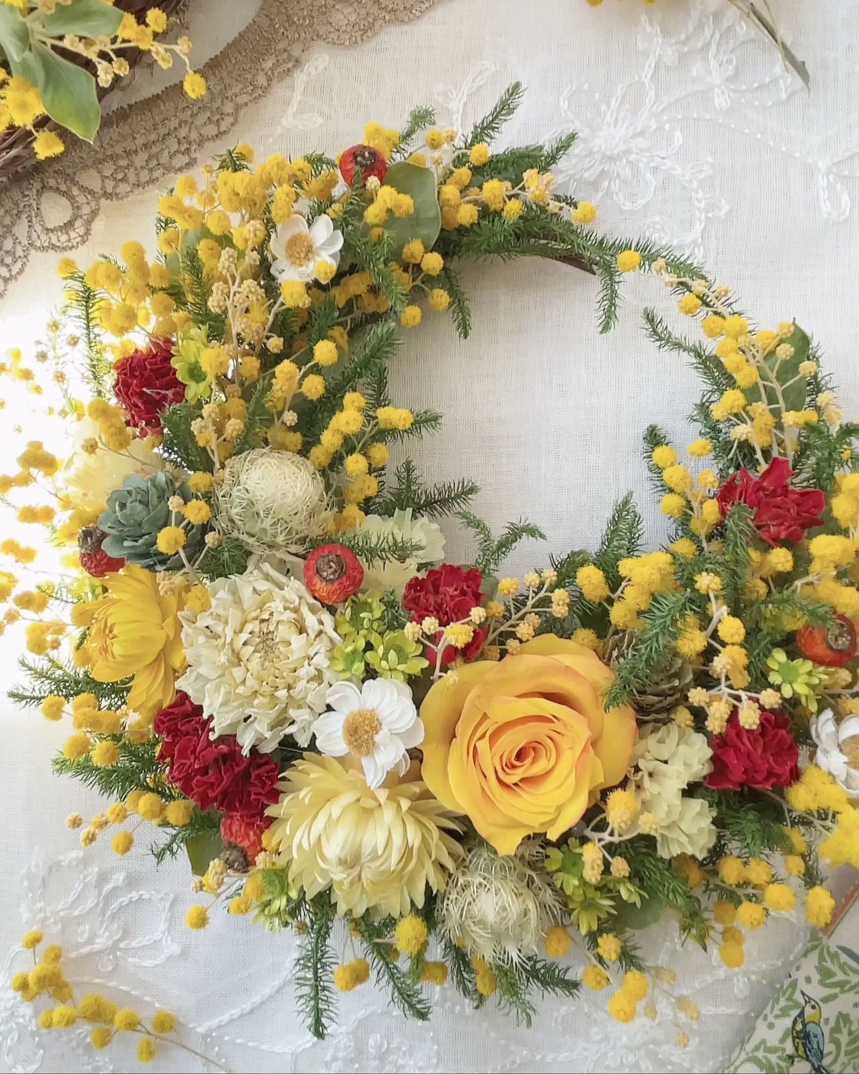 春の訪れを告げる もふもふyellowミモザのシンプルリース