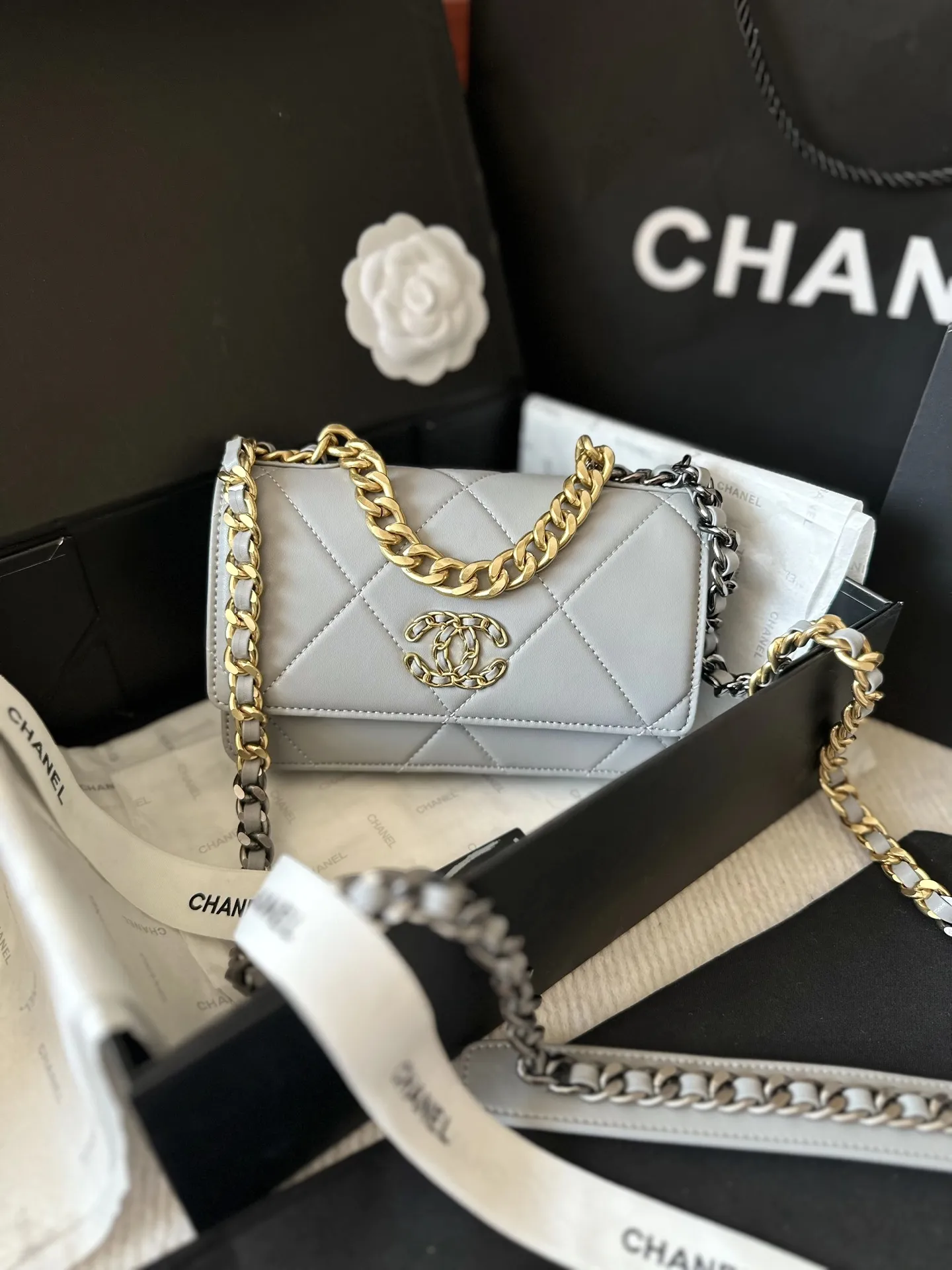 Chanel 19 Wallet on Chain 21B Gray Lambskin with multi-tone hardware