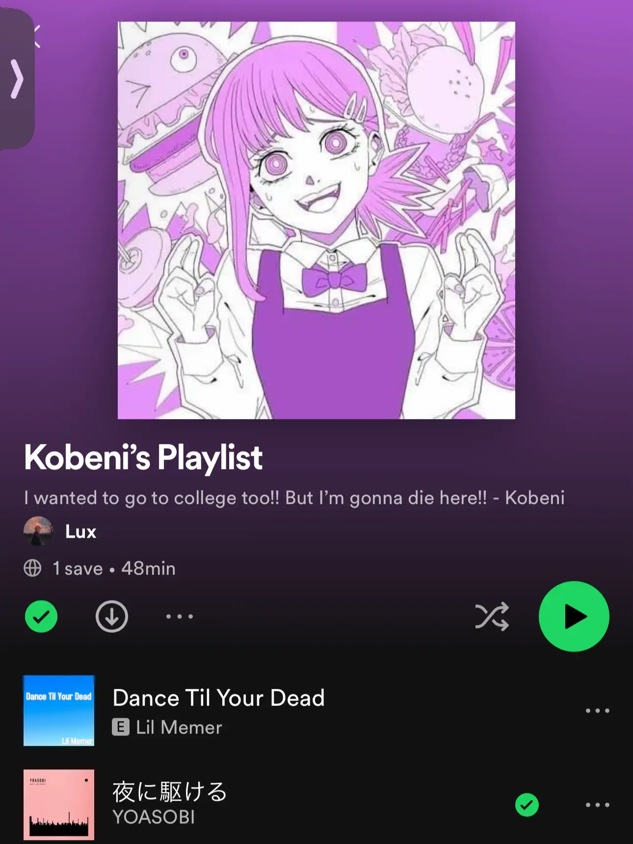 Chainsaw man characters and their favorite songs in my playlist