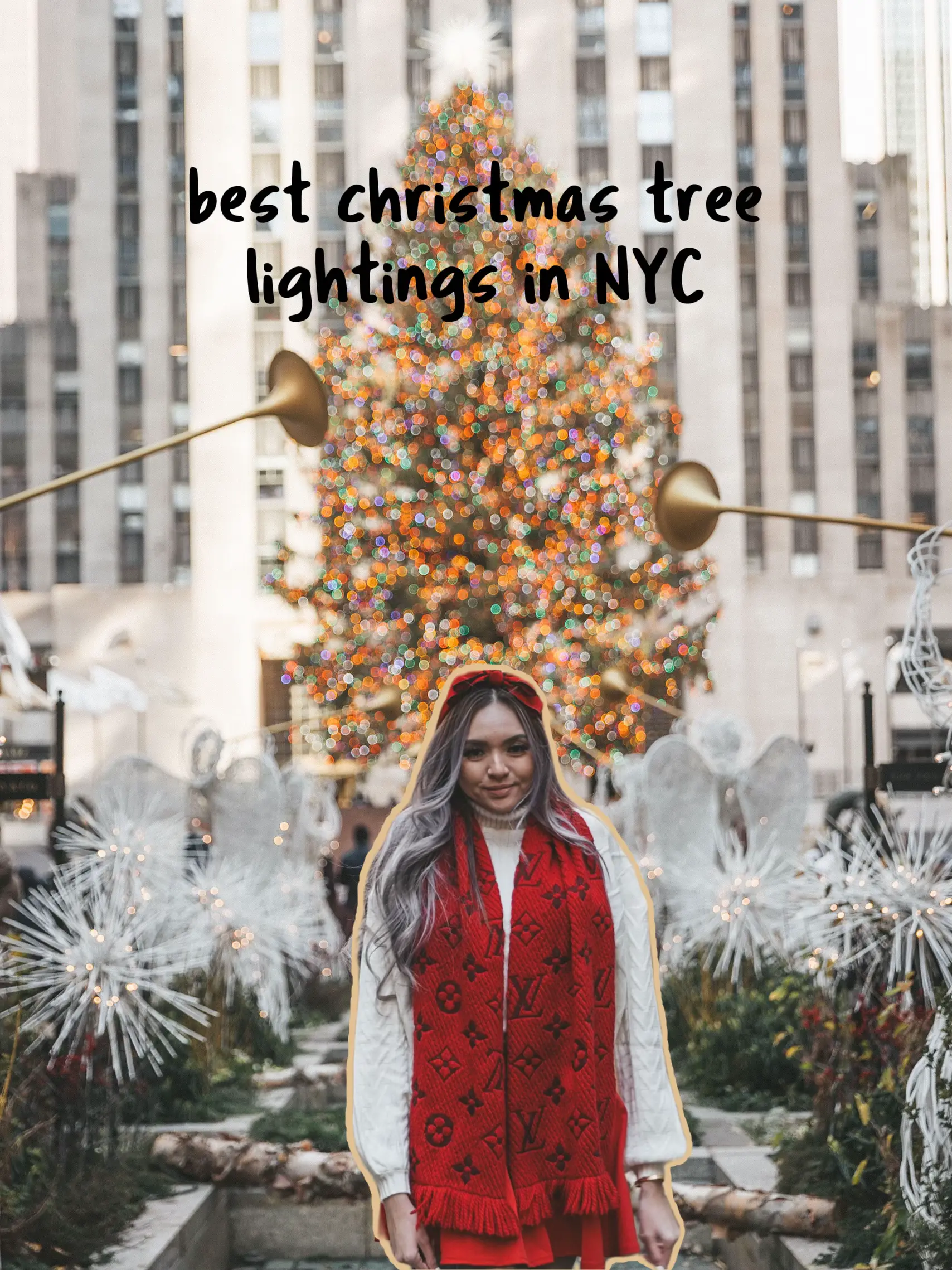  A woman in a red and white jacket is standing in front of a Christmas tree.