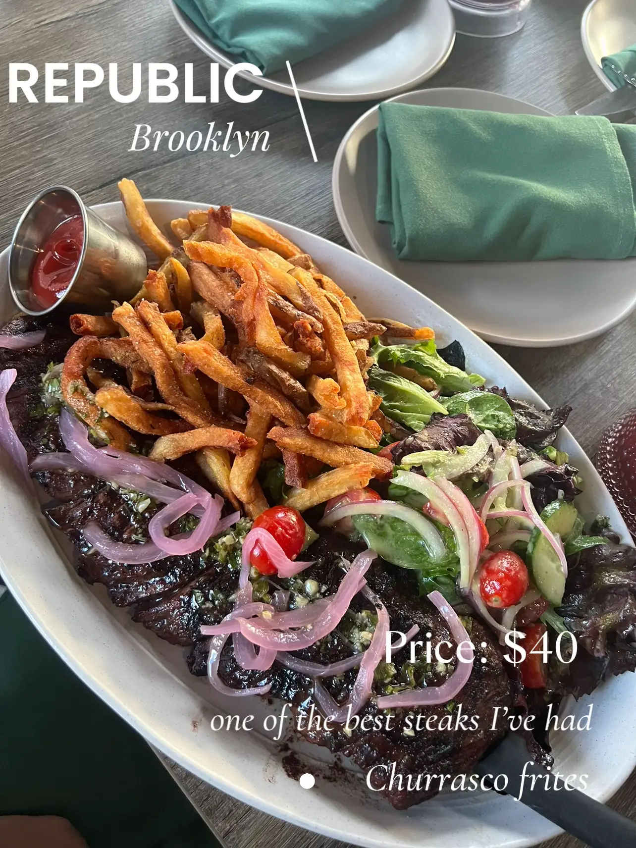  A plate of food with the words "republic brooklyn" on it.