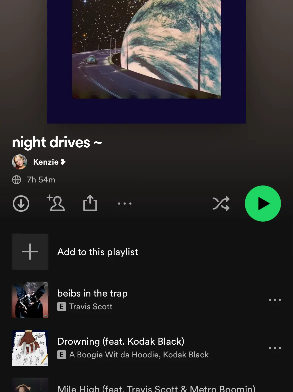  A playlist of music with a variety of songs including "Drowning" by Travis Scott and "Mile High" by Kodak Black.