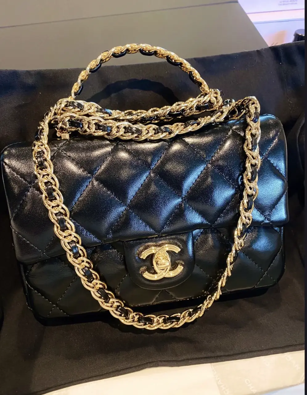Chanel 23S Detail Top Handle Mini Rectangular Flap Bag Shiny Lambskin