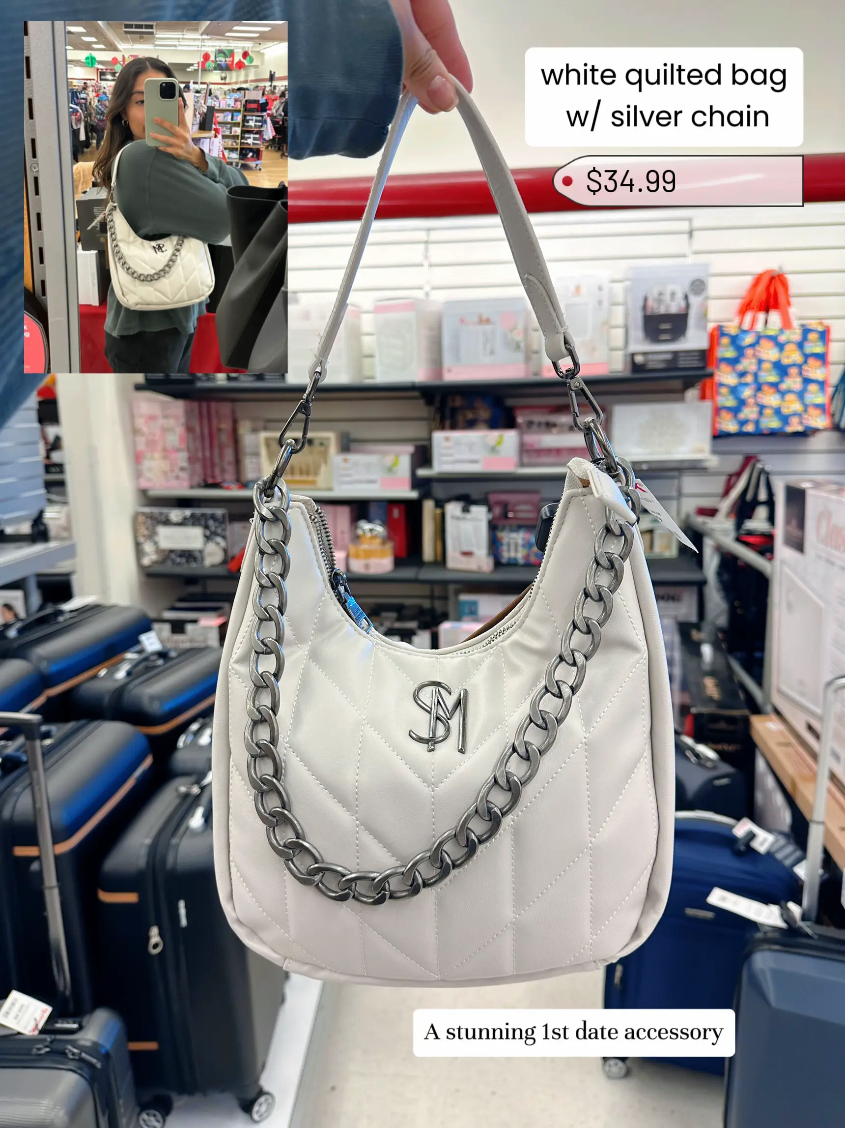  A white quilted bag with a silver chain and a price of $34.99.