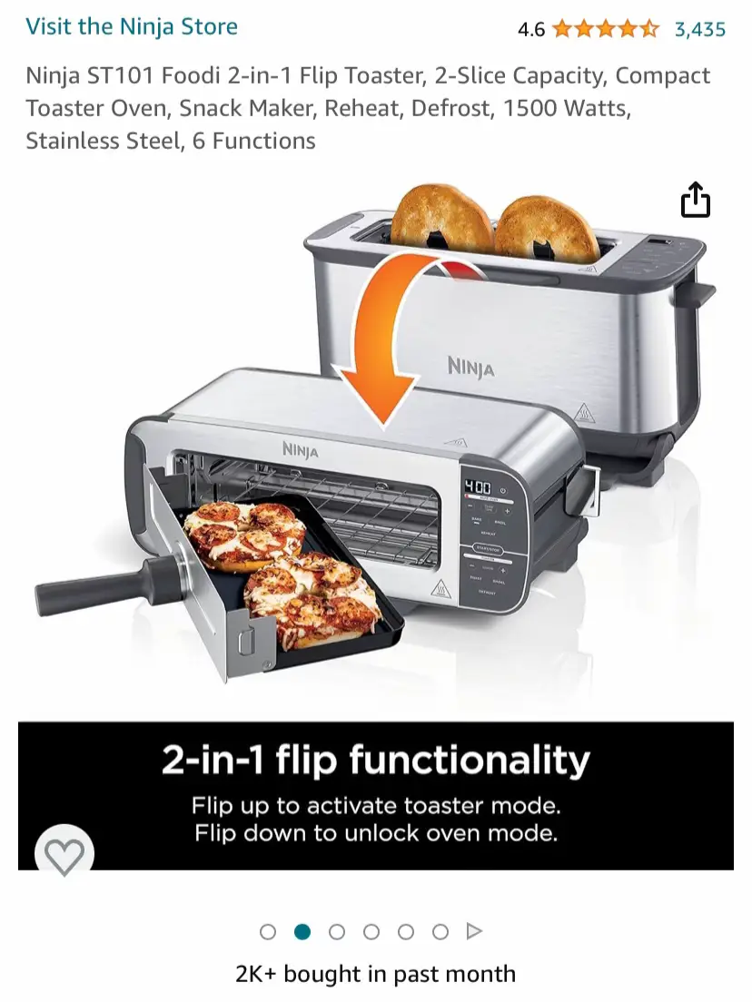  Ninja ST101 Foodi 2-in-1 Flip Toaster, 2-Slice Capacity,  Compact Toaster Oven, Snack Maker, Reheat, Defrost, 1500 Watts, Stainless  Steel, 6 Functions : Everything Else