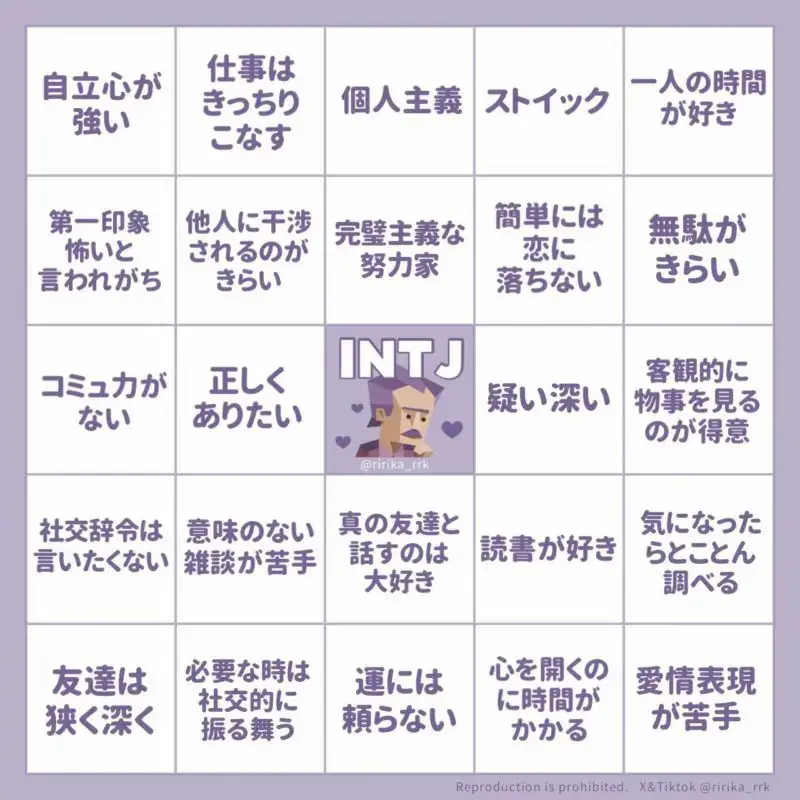 INTJあるある性格ビンゴ(16タイプ診断≠MBTI診断) | 鷹ノ爪リリカが投稿したフォトブック | Lemon8