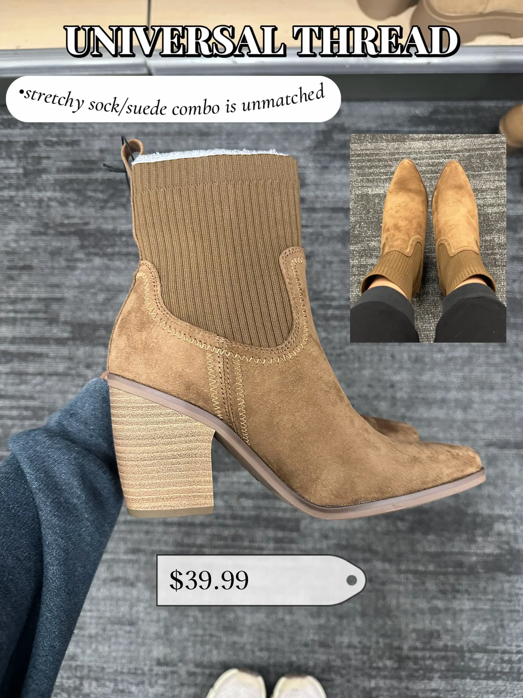 A pair of brown boots with a price of $39.99.