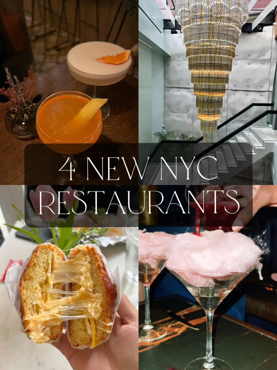  A collage of four pictures of New York City restaurants.