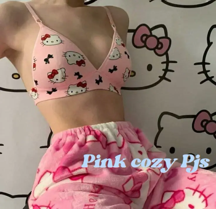 Sanrio Hello Kitty Women's Underwear Cute Cartoon Sweet Front buckle Soft  Steel Ring Sexy Hot Girl Two Piece pink Bra Set New